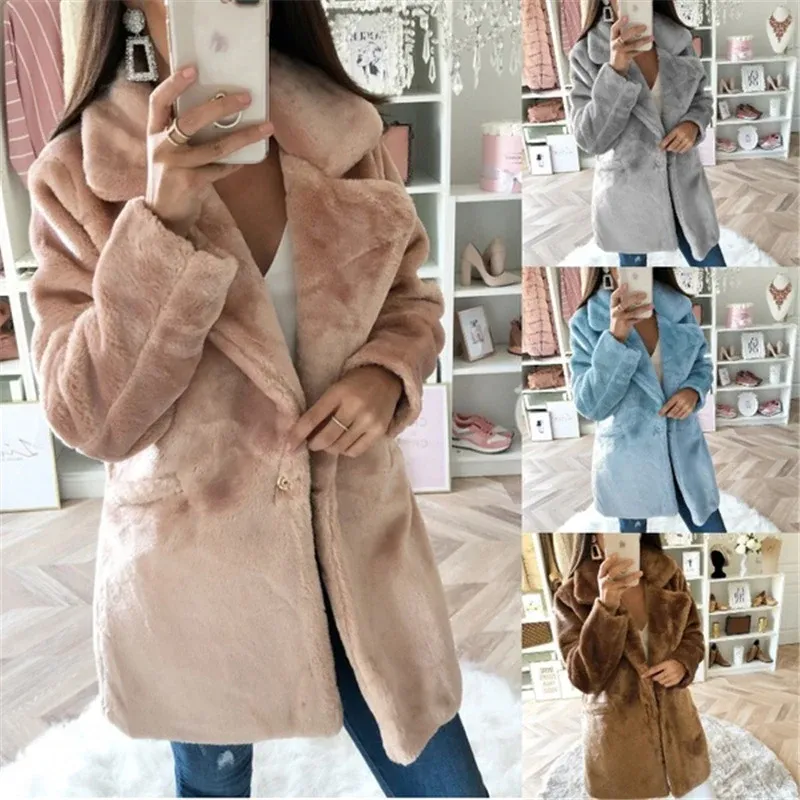 Damen Teddy-Faux-Fur Mantel mit Reverskragen und aufgesetzten Taschen – Montévia