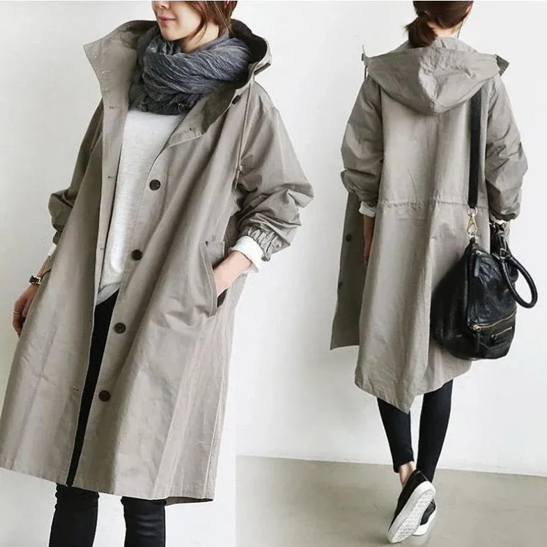 Damen leichter Oversize Regenmantel mit Kapuze und verdecktem Verschluss – Célinea
