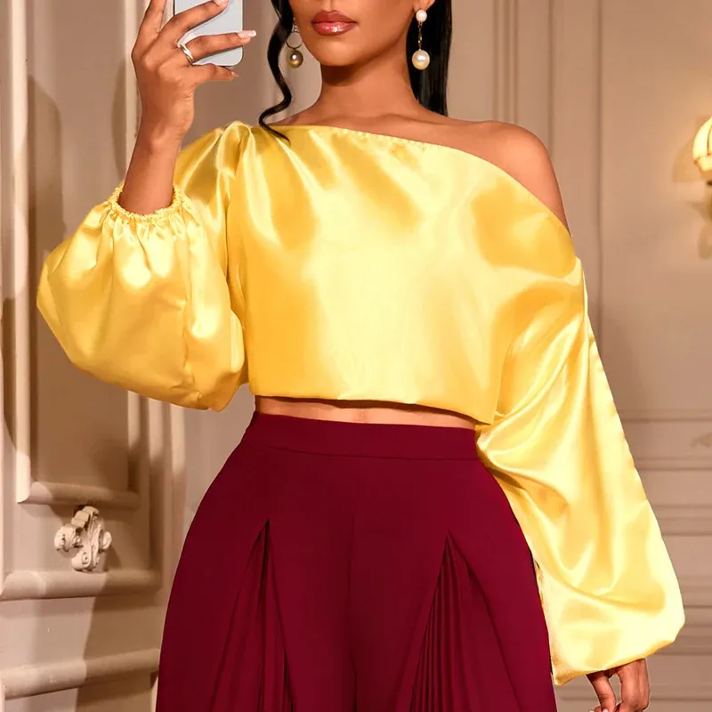 Damen elegantes asymmetrisches Oberteil mit voluminösen Puffärmeln – Orélia