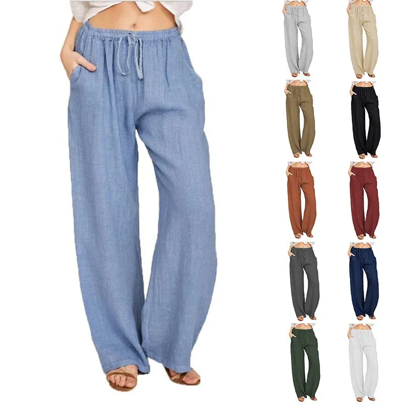 Damen Sommerliche Leinen-Palazzohose mit elastischem Bund, Seitentaschen und weitem Bein Echoarchiv