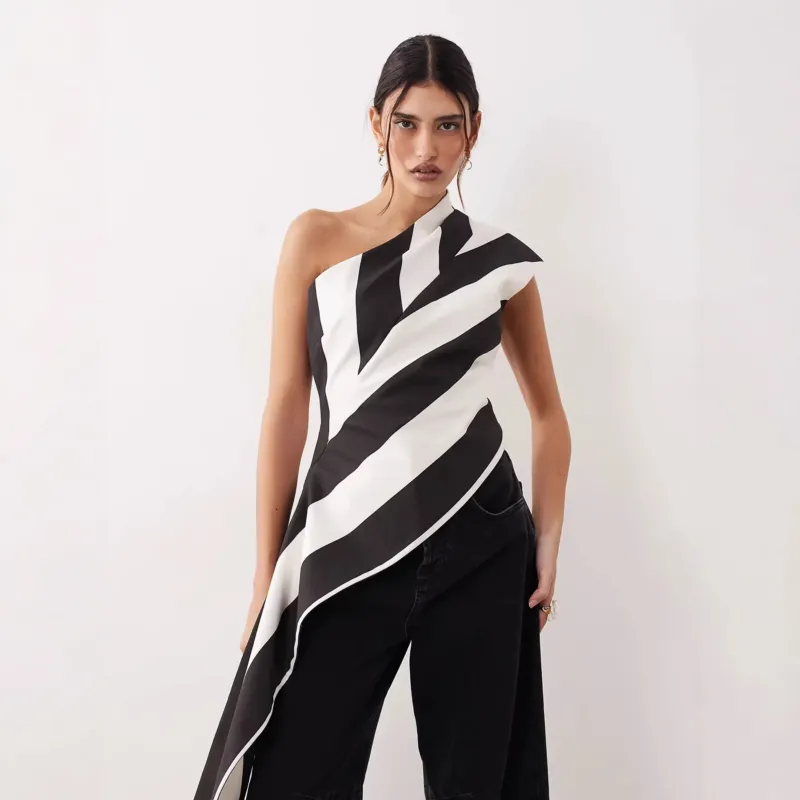 Damen asymmetrisches Wickeloberteil mit Streifenmuster – Orélia