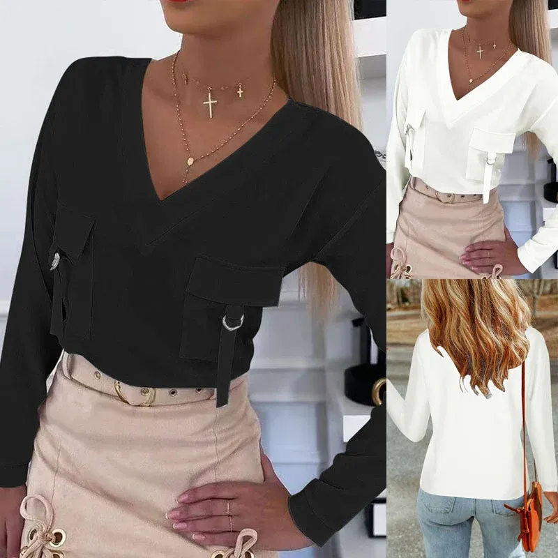Damen V-Ausschnitt Sweatshirt mit Cargo-Taschen und D-Ring-Details – Mavelle