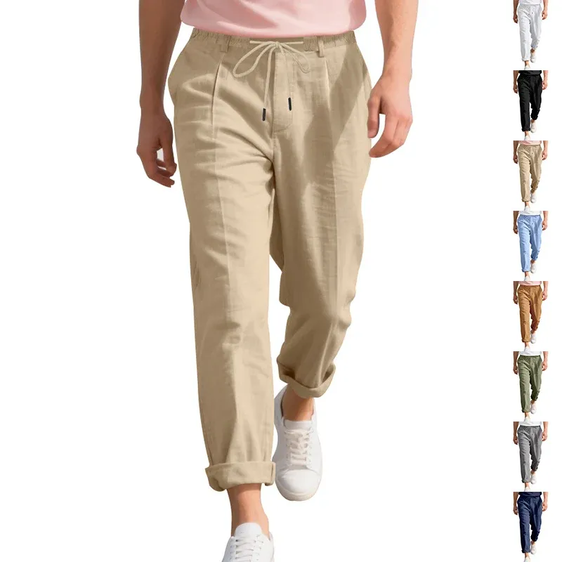 Herren strandtaugliche Leinenmisch-Loungehose mit elastischem Tunnelzug, dezenter Bundfalte und umgeschlagenem Knöchelabschluss – Sorevano