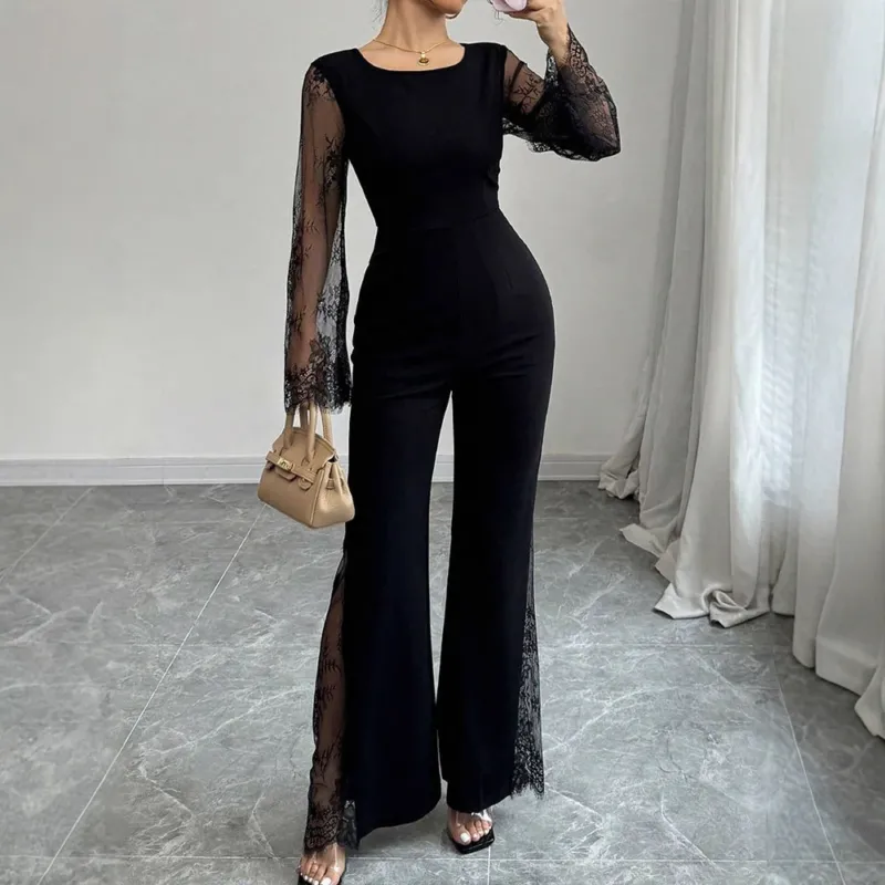 Damen Eleganter Jumpsuit mit schimmernder Spitze und weitem Bein – Solévia