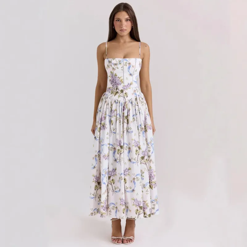Damen tailliertes Maxikleid mit Korsettoberteil und feinen Spaghettiträgern – Valéora