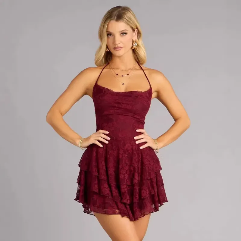Damen verspieltes Spitzen-Minikleid mit Rüschendetails – Élara