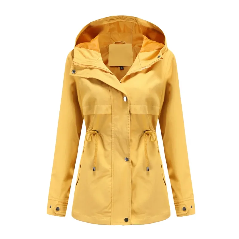 Damen atmungsaktive Übergangsjacke mit Kapuze, Taillenzug und verdeckter Druckknopfleiste – Célinea