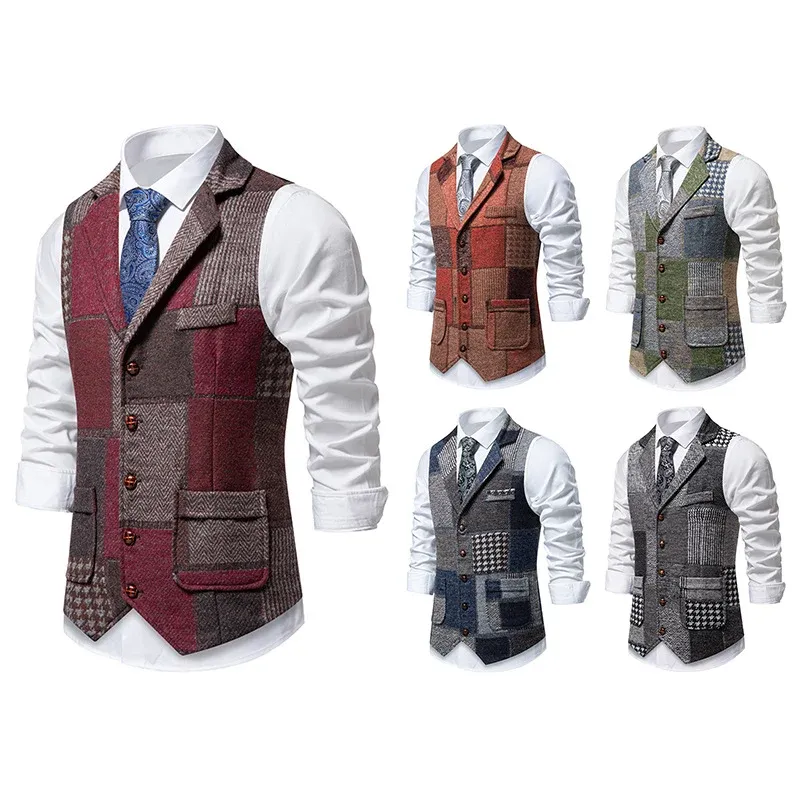 Herren Patchwork Weste mit Reverskragen Knopfleiste und aufgesetzten Taschen – Marzano