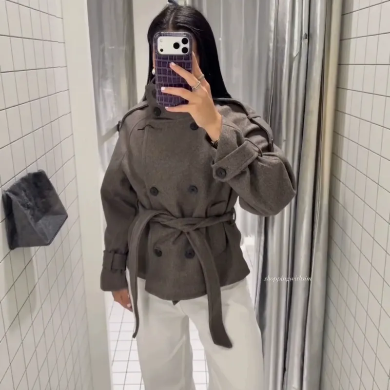 Damen Kurzblouson‑Trenchcoat aus Wollmix mit hohem Stehkragen und Bindegürtel Echo Archiv