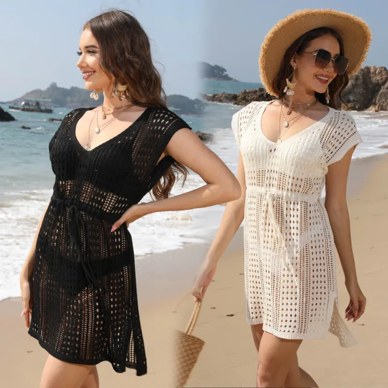 Damen Häkel-Strandkleid mit tiefem V-Ausschnitt und elastischem Bund – Lunéa
