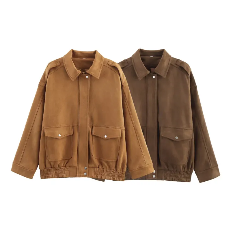 Damen kastige Veloursjacke mit Druckknopfleiste, aufgesetzten Klappentaschen und elastischem Saum – Célinea