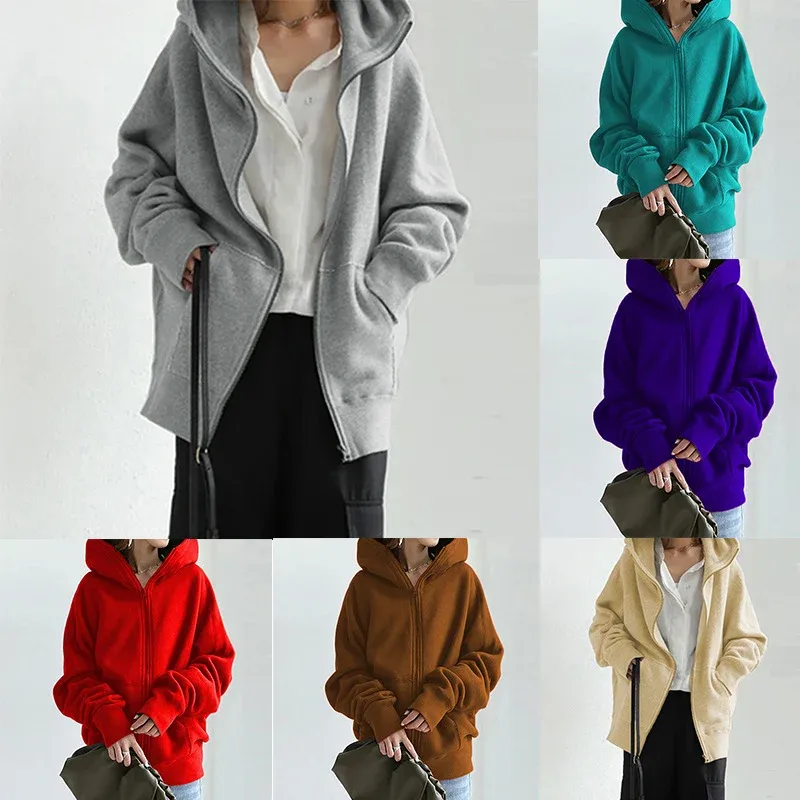 Damen übergroße Kapuzenjacke mit Reißverschluss und Kängurutasche aus flauschigem Fleece – Auréline
